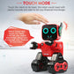 Red interactive robot toy with glowing teal eyes, touch-reactive head