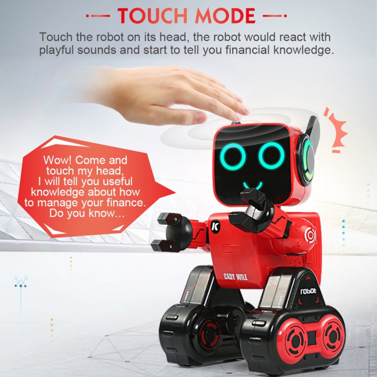 Red interactive robot toy with glowing teal eyes, touch-reactive head