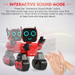 Red sound-activated robot toy with glowing teal eyes, hand raised