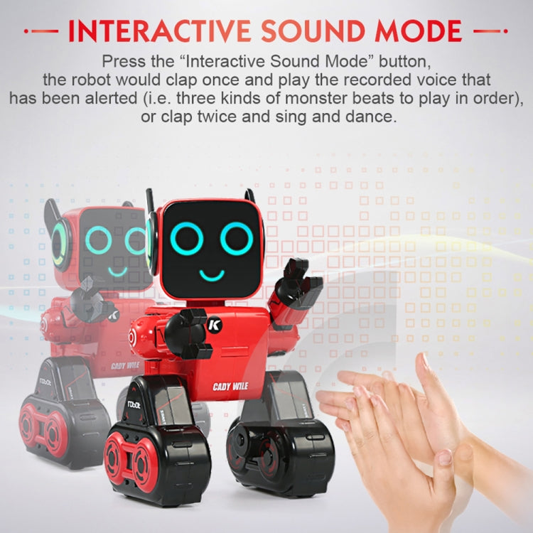 Red sound-activated robot toy with glowing teal eyes, hand raised