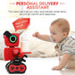 Red delivery assistant robot toy with glowing eyes, beside smiling baby