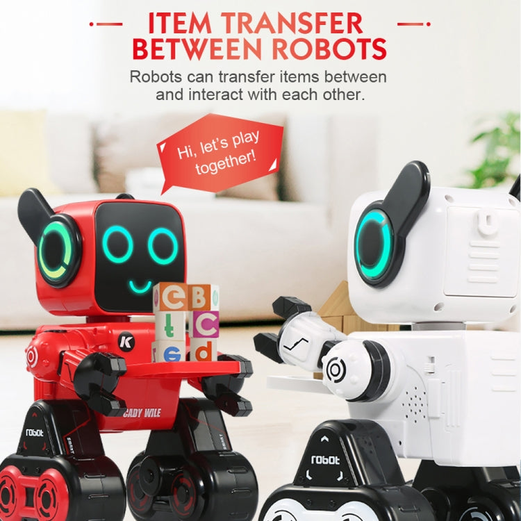Red and white robot toy pair with glowing eyes, item transfer play