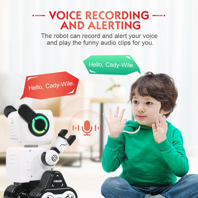 White voice-recording robot toy with glowing eyes, greeting child