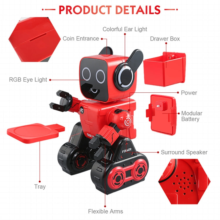 Red toy robot with detailed parts and glowing ear/eye LED lights.