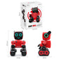 Toy robot packaging with red and black robot and glowing blue LED eyes.