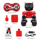 Red and black toy robot with glowing LED eyes and included accessories on white.