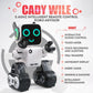 White background toy robot with glowing blue eyes and interactive feature labels.