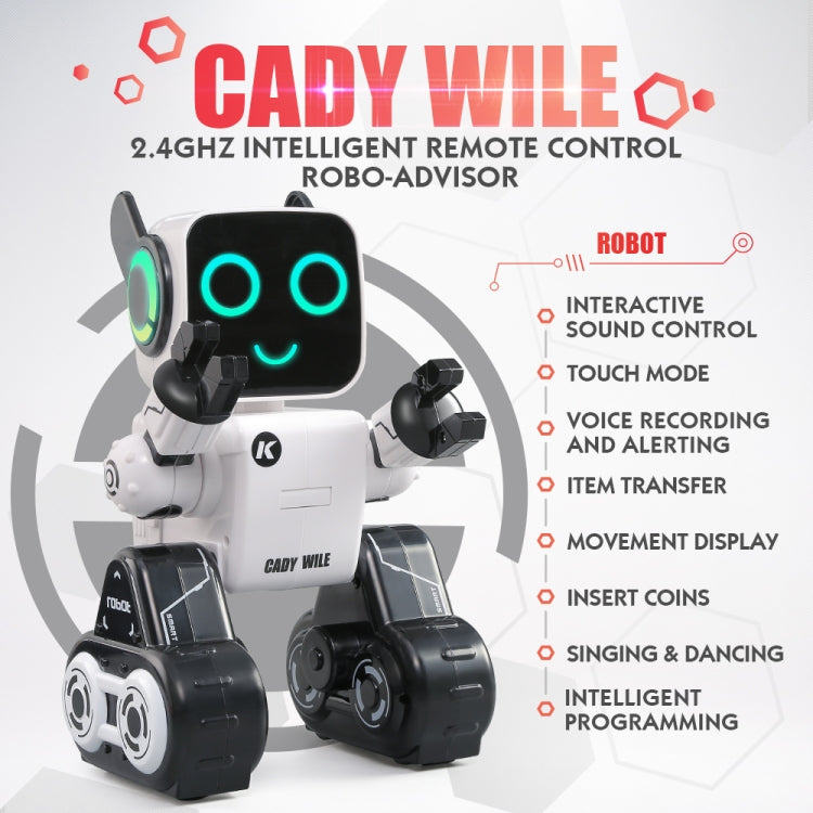 White background toy robot with glowing blue eyes and interactive feature labels.