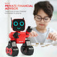 Red toy robot with glowing LED eyes beside a child and scattered coins.