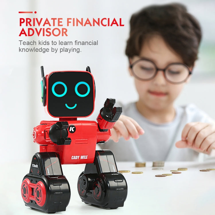 Red toy robot with glowing LED eyes beside a child and scattered coins.