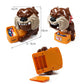 Toy dog biting game set with orange base and underside storage panel