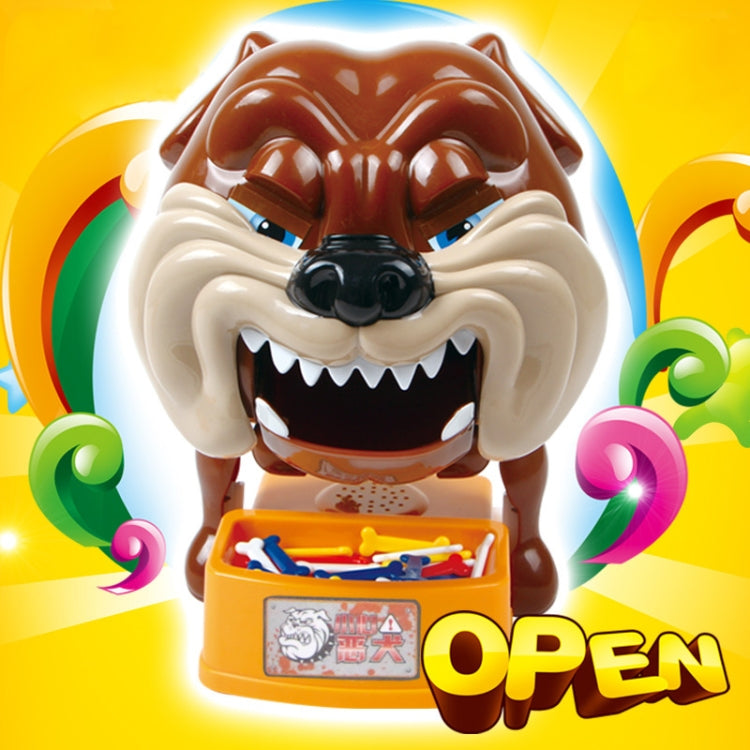 Close-up of brown toy dog face biting with open orange base
