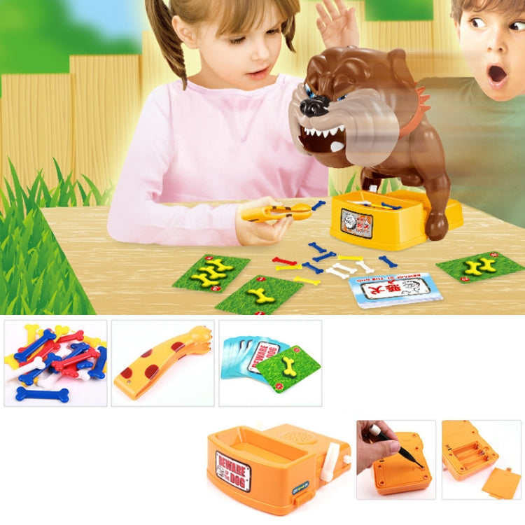 Kids playing with biting toy dog game on table with puzzle pieces