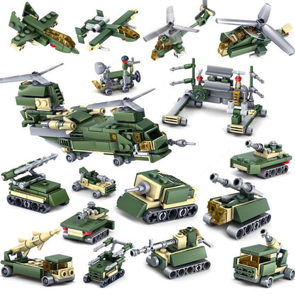 Green military-themed building block set with aircraft, tank, and accessories