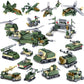 Green military vehicle construction set with aircraft, tank, and detail pieces