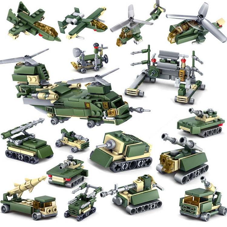 Green military vehicle construction set with aircraft, tank, and detail pieces