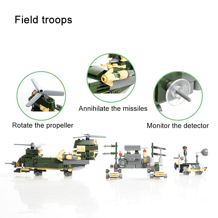 Green military vehicle building blocks with instructional feature circles and icons