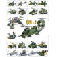 Green military building block set shown in multiple assembled vehicle angles