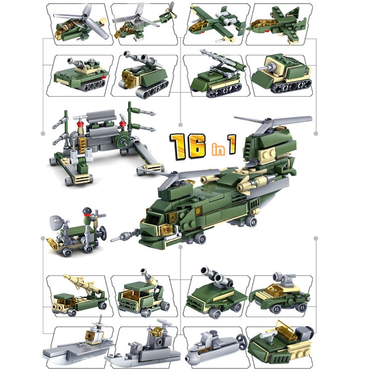 Green military building block set shown in multiple assembled vehicle angles