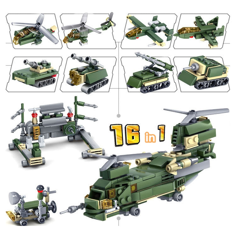 Green military building block set with 16 in 1 feature layout