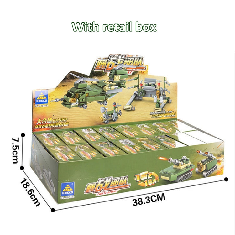 Retail box for green military building block set with multiple vehicle builds shown