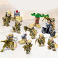 Camouflage soldier block set with multiple minifigures, weapons, and green crate tower