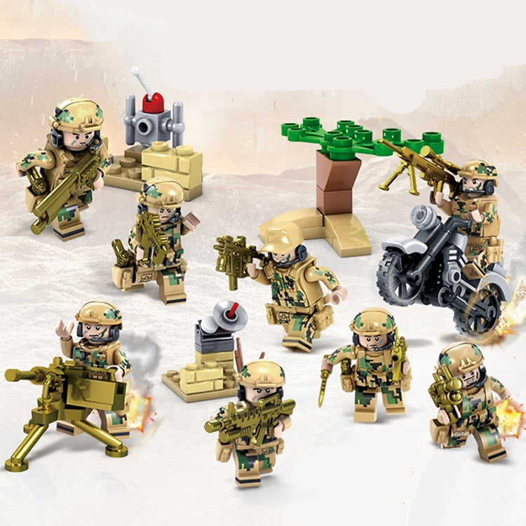 Camouflage soldier block set with multiple minifigures, weapons, and green crate tower
