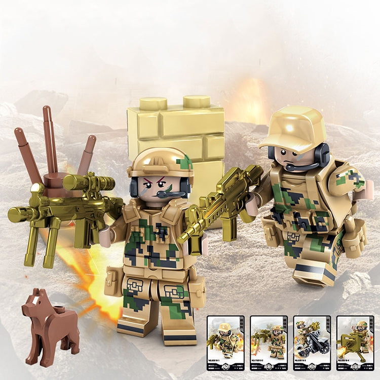 Camouflage soldier minifigures with rifles plus brown dog animal accessory