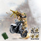 Camouflage soldier minifigure driving gray wheel vehicle with golden gun