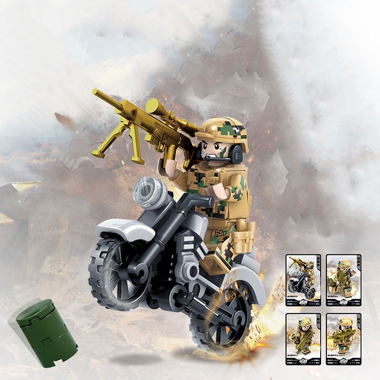 Camouflage soldier minifigure driving gray wheel vehicle with golden gun