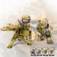 Camouflage soldier block figures with tripod weapon and raised-hand pose
