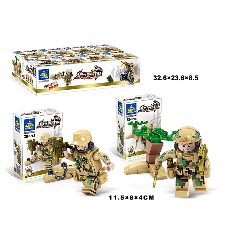 Building block toy set box with camo soldier figures and dimensions on packaging