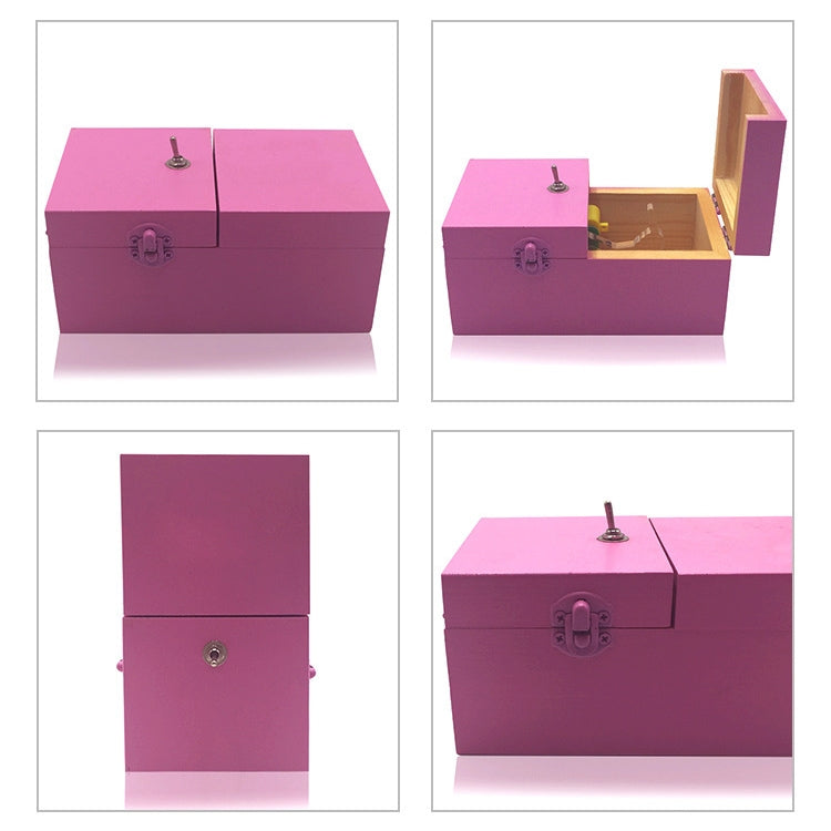 Pink wooden anti-stress box toy shown open with interior and metal latch knob.
