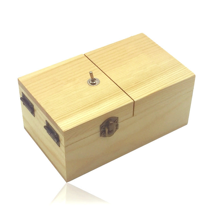 Light wood anti-stress box toy with two hinged top panels and metal latch knob.