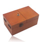Dark wood anti-stress box toy with two hinged lids and metal latch knob.