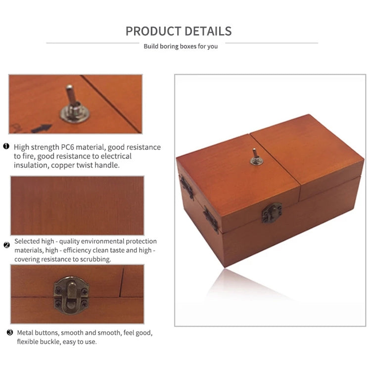 Wooden anti-stress box toy with metal latch knob and engraved front lock detail.