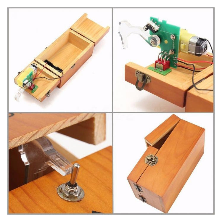 Wooden anti-stress box toy with lid removed, showing internal board and wiring.