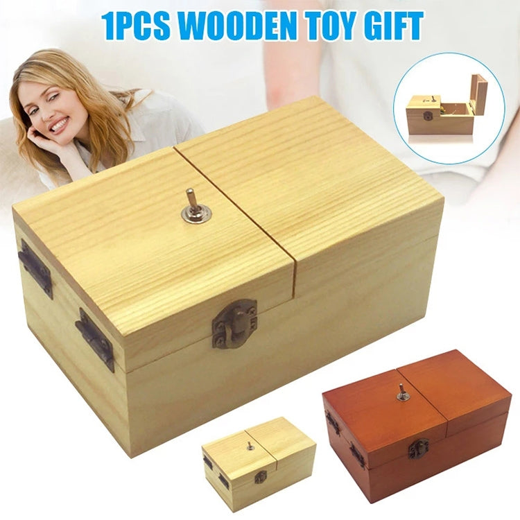 Light wood anti-stress box toy with metal latch knob, shown closed.