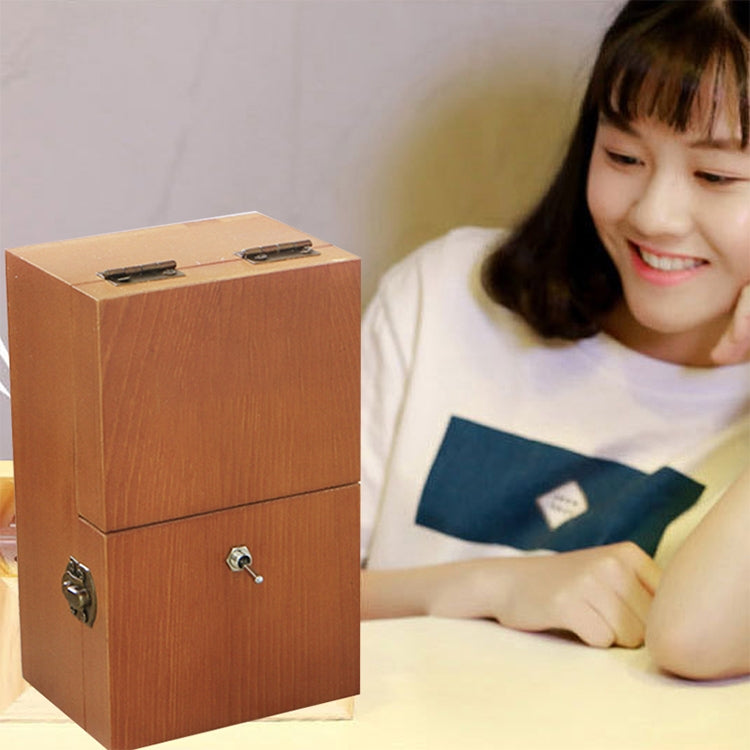 Orange wooden anti-stress box toy standing with metal latch knob and lock plate.