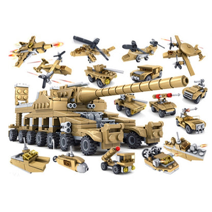 Tan military tank building block set with multiple assembled vehicles and accessories