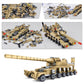 Tan tank building blocks model with long cannon and tread wheels, 16-in-1 set.