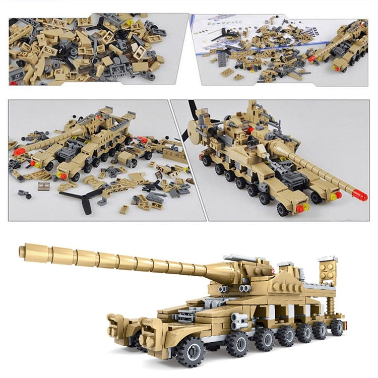 Tan tank building blocks model with long cannon and tread wheels, 16-in-1 set.