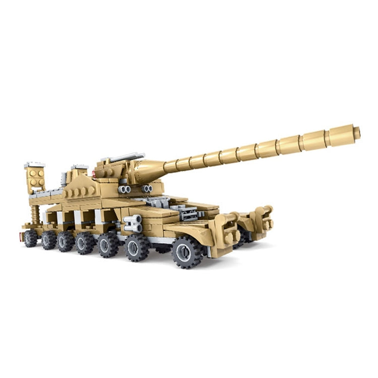Tan tank building model with long cannon and rotating turret on block wheels