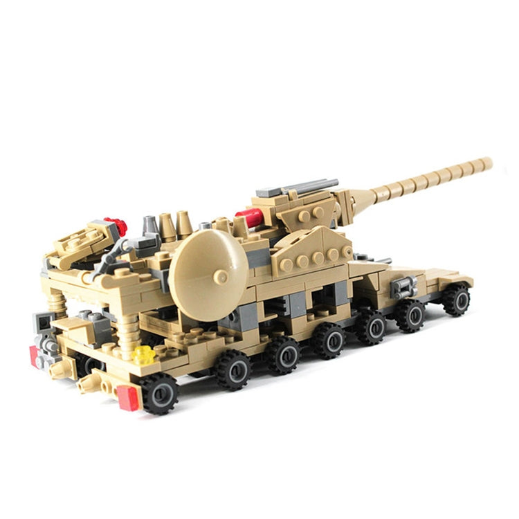Tan armored tank building model with large turret and long barrel on wheels