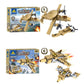 Boxed tan building set with assembled tank and aircraft-style pieces