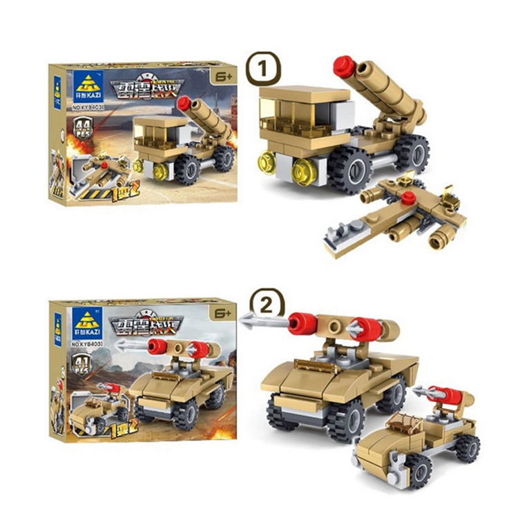 Tank building set box with step-by-step assembly and tan vehicle model