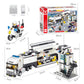 Police station building set with police truck and tower, with size diagram and blocks.