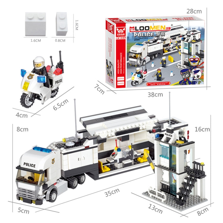 Police station building set with police truck and tower, with size diagram and blocks.