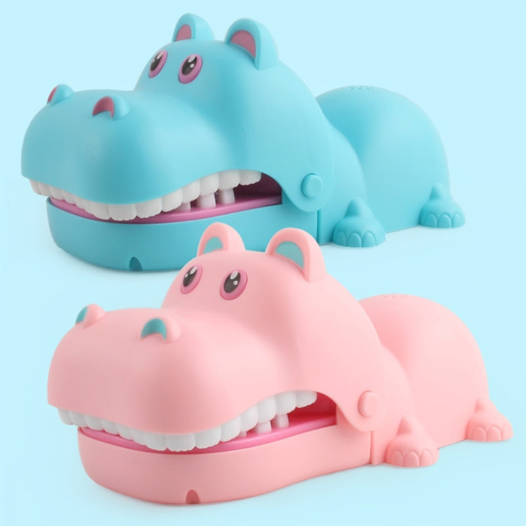 Cartoon hippo bite hand toy set in blue and pink, open jaws with white teeth