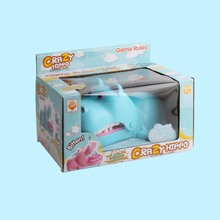 CRAZY HIPPO bite hand toy box with blue and pink hippo character graphics